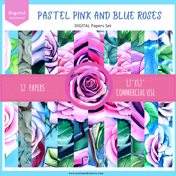 Image of a set of 12 digital papers with a pink and blue roses as the them of the papers. The title page says pastel pink and blue roses digital paper pack.