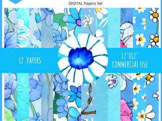 Pastel Watercolor, Blue Flowers, Digital Papers Set, Pack of 12, 12x12, PNG , JPG Format, Background, Digital Download, Ephemera, Printable