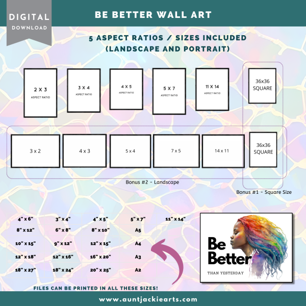 Digital WALL ART - Be Better - Rainbow Hair - Beautiful Black Woman - pdf, jpg - 5 Aspect Ratios / Sizes - Portrait Landscape - Image 2