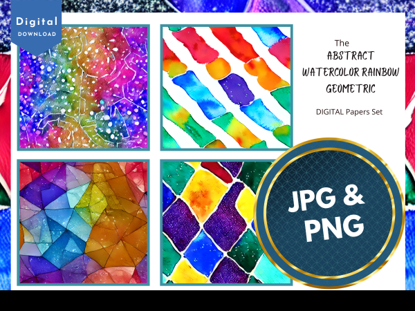 DIGITAL PAPER Bundle - Set 001 - Abstract Watercolor Rainbow Geometric - Papers Pack 12 - 12x12 - jpg png - Abstract - Image 3