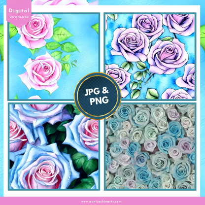 Pastel Watercolor, Pink Roses, Digital Papers Set, Pack of 12, 12x12, PNG , JPG Format, Background, Digital Download, Ephemera, Printable - Image 3