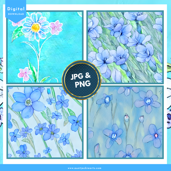 Pastel Watercolor, Blue Flowers, Digital Papers Set, Pack of 12, 12x12, PNG , JPG Format, Background, Digital Download, Ephemera, Printable - Image 3