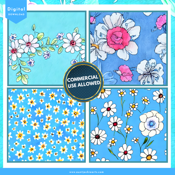 Pastel Watercolor, Blue Flowers, Digital Papers Set, Pack of 12, 12x12, PNG , JPG Format, Background, Digital Download, Ephemera, Printable - Image 5