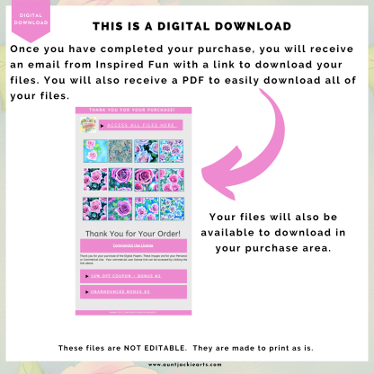 Pastel Watercolor, Pink Roses, Digital Papers Set, Pack of 12, 12x12, PNG , JPG Format, Background, Digital Download, Ephemera, Printable - Image 7