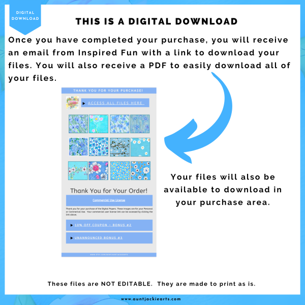 Pastel Watercolor, Blue Flowers, Digital Papers Set, Pack of 12, 12x12, PNG , JPG Format, Background, Digital Download, Ephemera, Printable - Image 7