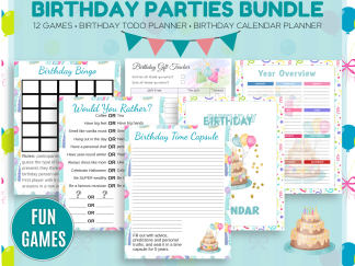 Birthday Parties Printable Bundle| Birthday Calendar Planner| 12 Birthday Games| Birthday Todo List Planner