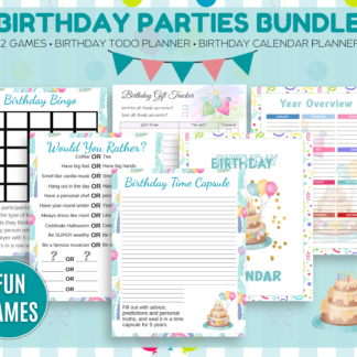Birthday Parties Printable Bundle| Birthday Calendar Planner| 12 Birthday Games| Birthday Todo List Planner