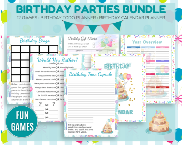 Birthday Parties Printable Bundle| Birthday Calendar Planner| 12 Birthday Games| Birthday Todo List Planner