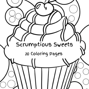 This image shows the cover of "Scrumptious Sweets: 20 Coloring Pages." This set of coloring pages is filled with fun looking cakes on abstract backgrounds to color. Avoid when hungry. :-)