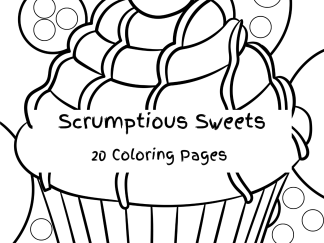 This image shows the cover of "Scrumptious Sweets: 20 Coloring Pages." This set of coloring pages is filled with fun looking cakes on abstract backgrounds to color. Avoid when hungry. :-)