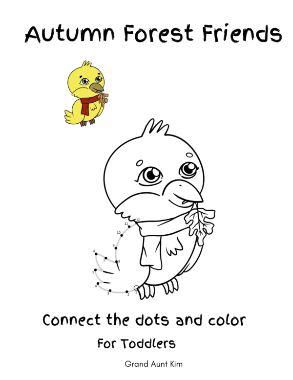 This image shows the cute chicken on the cover of the "Autumn Forest Friends: Connect the dots and color for toddlers" pages.