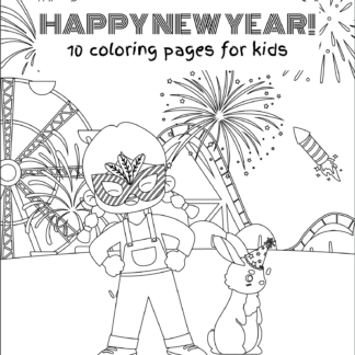 This image shows the cover of the "Happy New Year: 10 Coloring Pages for Kids" set. There is a kid standing with hands on hips (like a superhero), wearing a decorative mask. Next to the child is a bunny wearing a party hat. In the background are fireworks and a carousel.