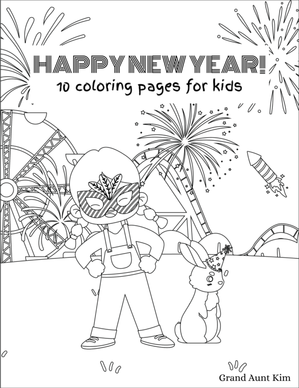 This image shows the cover of the "Happy New Year: 10 Coloring Pages for Kids" set. There is a kid standing with hands on hips (like a superhero), wearing a decorative mask. Next to the child is a bunny wearing a party hat. In the background are fireworks and a carousel.