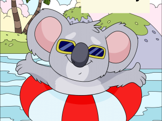 This image shows the cover of the super cute "Koala Holiday" downloadable printable pdf coloring pages for kids set. On the cover, a koala wearing sunglasses is suspended in a calm sea by a red and white striped float in front of the beach with coconut trees. The "Koala Holiday" coloring pages for kids is for personal use only.