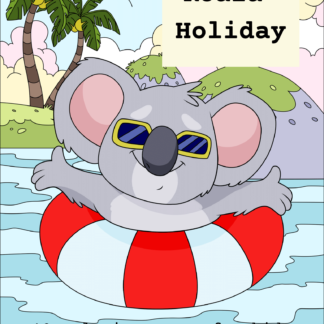 This image shows the cover of the super cute "Koala Holiday" downloadable printable pdf coloring pages for kids set. On the cover, a koala wearing sunglasses is suspended in a calm sea by a red and white striped float in front of the beach with coconut trees. The "Koala Holiday" coloring pages for kids is for personal use only.