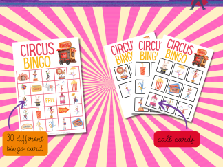 CIRCUS BINGO ACTIVITY, 30 different bingo cards for each child, super easy to print and use, fun for the whole family as well as party games