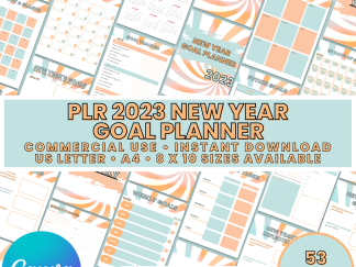 PLR 2023 New Year Goal Planner- 53 pages of canva templates, commercial use, sizes us letter, A4, 8x10