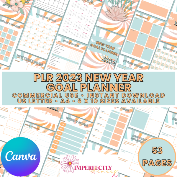 PLR 2023 New Year Goal Planner- 53 pages of canva templates, commercial use, sizes us letter, A4, 8x10