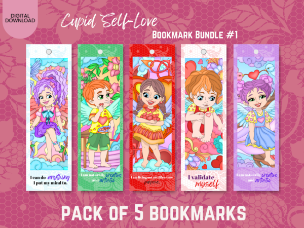 Image of a set of five bookmarks. The bookmarks are white, green, red, pink, and purple. Each bookmark has a positive self-love affirmation as well as a cute little cherub or cupid character