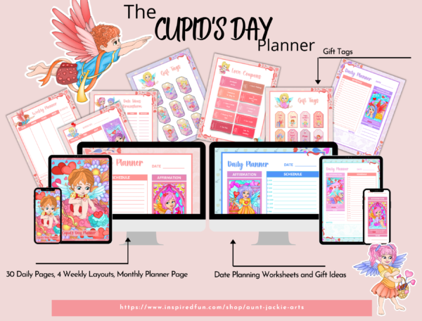 Cupid's Day PLANNER, 30 Daily, 4 Weekly Layouts, 1 Monthly Layout,Printable Templates, US Letter, Cupid Valentine's Day, Date Night Planner