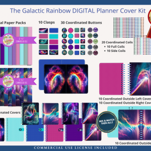 DIGITAL Planner COVER KIT Bundle | Galactic Rainbow Collection: 10 Designs - Covers, Papers, Coils, Buttons, Clasps, Mix & Match Commercial