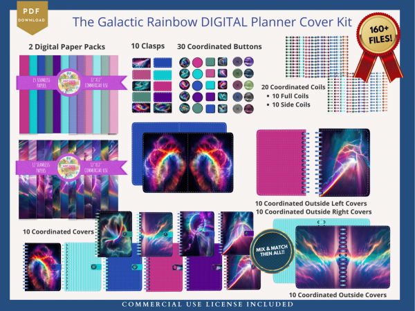 DIGITAL Planner COVER KIT Bundle | Galactic Rainbow Collection: 10 Designs - Covers, Papers, Coils, Buttons, Clasps, Mix & Match Commercial