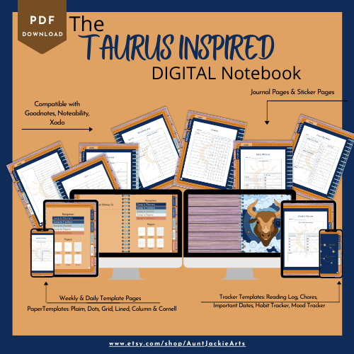 DIGITAL NOTEBOOK, Goodnotes, Notability, Xodo Digital Notebook, iPad Notebook, Taurus Zodiac Astrology Weekly Templates, Trackers, Papers