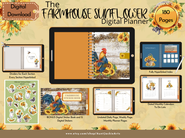 2023 Dated Undated Digital PLANNER, Farmhouse Sunflower Daily, Weekly, Monthly, Coloring, Digital Sticker, Sticker book, Journal Pages, Letter