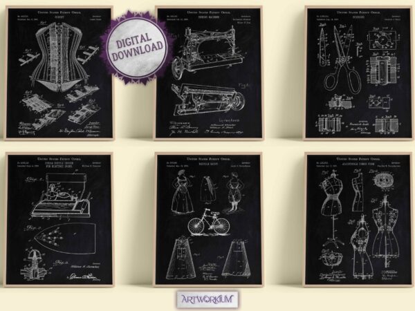 Set of 6 Fashion and Clothing Patent Prints. Black Chalkboard Background Version - Set of 6 Beautiful 1800s and 1900s Vintage Wall Art