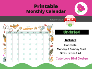 Undated Printable Monthly Calendar in Cute Love Bird Design