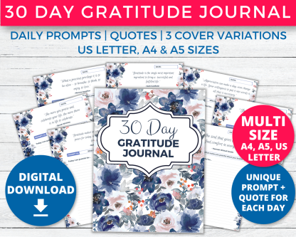 30 Day Gratitude Journal & Affirmations Printable (Floral Blue)