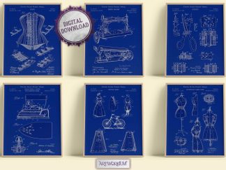 Set of 6 Fashion and Clothing Patent Prints. Blueprint Background Version - Set of 6 Beautiful 1800s and 1900s Vintage Wall Art