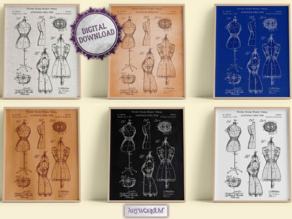 Adjustable Dress Form 1913 Patent Print - Set of 6 Beautiful 1900s Vintage Wall Art. Gift For Her, Fashion, Clothing, or History Lovers