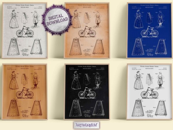 Bicycle Skirt 1896 Patent Print - Set of 6 Beautiful 1800s Vintage Wall Art. Gift For Her, Fashion, Clothing, Bicycle or History Lovers