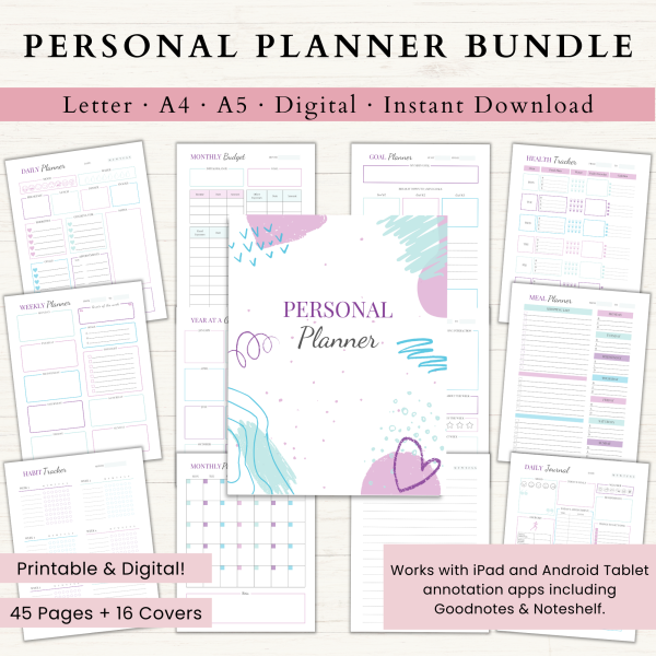 Personal Planner Bundle | Daily Planner | Daily Journal | Habit Tracker | Self Care Planner | Letter | A4 | A5 | PDF | Printable Planner | Digital Planner