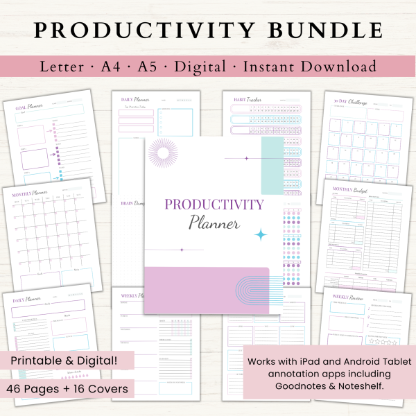 Productivity Planner Bundle | Daily Planner | Weekly Planner | Habit Tracker | Goal Planner | Letter | A4 | A5 | PDF | Printable Planner | Digital Planner