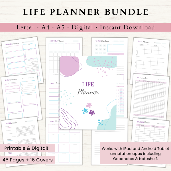 Life Planner Bundle | Daily Planner | Weekly Planner | Habit Tracker | Productivity Planner | Letter | A4 | A5 | PDF | Printable Planner | Digital Planner