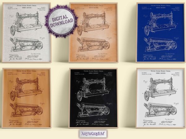 Sewing Machine 1885 Patent Print - Set of 6 Beautiful 1800s Vintage Wall Art. Gift For Her, Fashion, Clothing or History Lovers