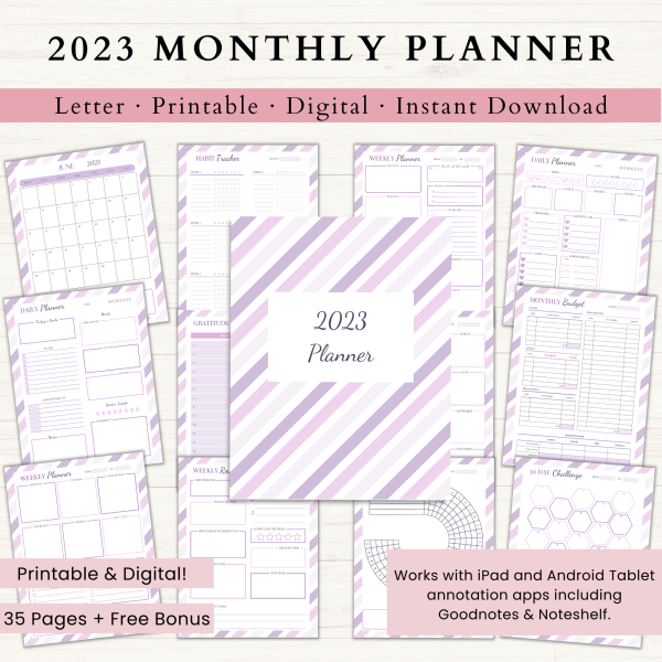2023 Monthly Planner Bundle | Monthly Planner Printable | Daily Planner | Weekly Planner | US Letter | Printable Planner | Digital Planner