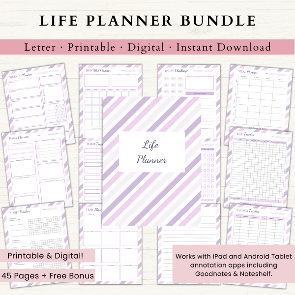 Life Planner Bundle | Daily Planner | Weekly Planner | Habit Tracker | Productivity Planner | US Letter | PDF | Printable Planner | Digital Planner