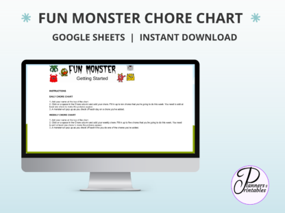 Fun Monster Chore Chart for kids Google Sheets Spreadsheet chore tracker - Image 6
