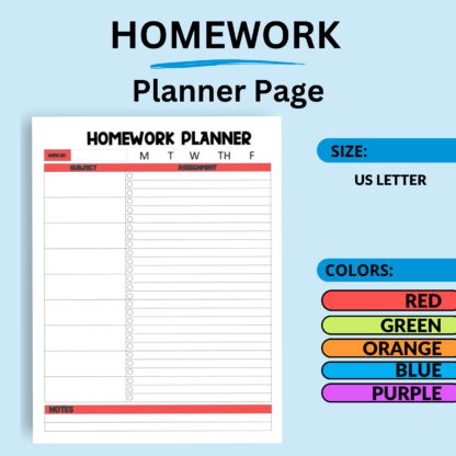 Homework Planner Printable, Printable Planner, Academic Planner
