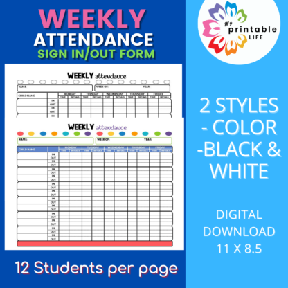 Weekly Attendance Sign-in Sign-out for 12 Students Printable Form