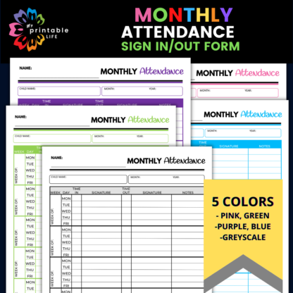 Monthly Attendance Form Sign-In Sign-Out Sheet Event Printable, Afterschool Activity, Instant Download, Digital File