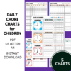Daily Chore Charts for Children, Printable Daily Checklist for Kids, Responsibility Tracker