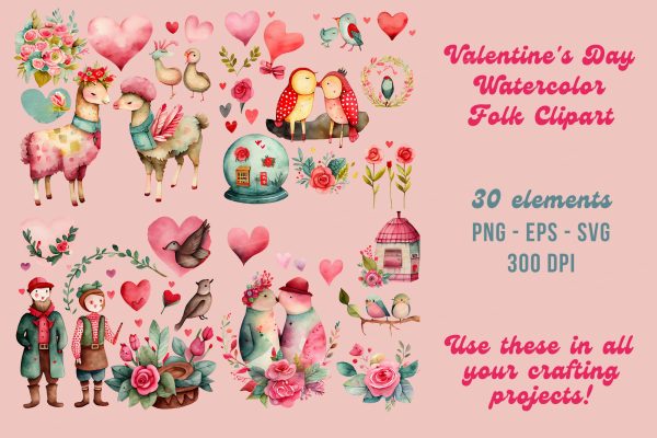 Valentine's Day Folk Watercolor Clipart
