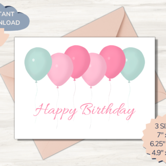 Happy Birthday Card perfect for her that can be used as gift tag. Printable Watercolor design with balloons. Instant Download