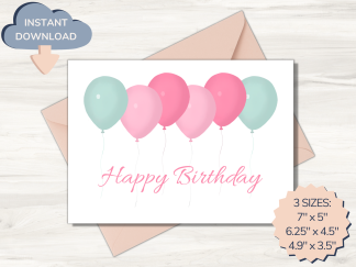 Happy Birthday Card perfect for her that can be used as gift tag. Printable Watercolor design with balloons. Instant Download