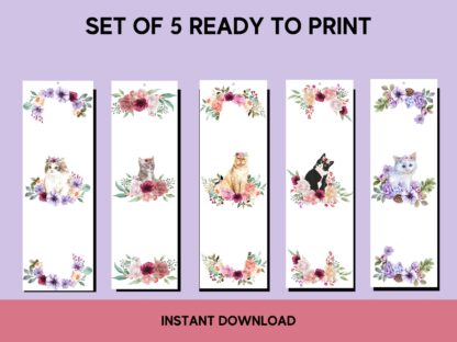 Set of 5 pretty Floral Cat themed Printable Bookmarks home printable PDF instant download - Image 2
