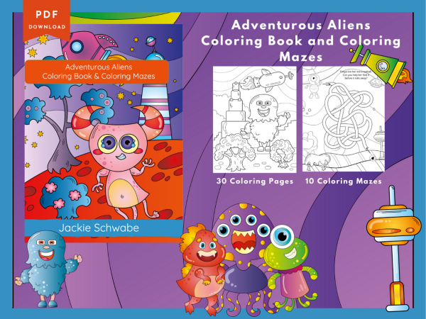 PRINTABLE COLORING Pages | Adventurous Aliens Coloring Pages and Mazes, 30 Coloring, 10 Mazes, US Letter Coloring Book, 45 Pages, Aliens